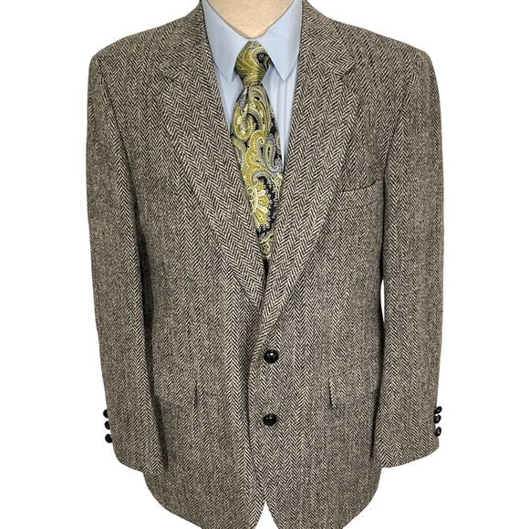 Stafford Harris Tweed Blazer Men 42R Black Gray Herringbone Scottish Wool Jacket - Picture 1 of 15